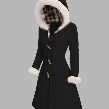 Abrigo con capucha de cuadros Y2K para mujer – Chaqueta larga de invierno con retazos rojos y blancos