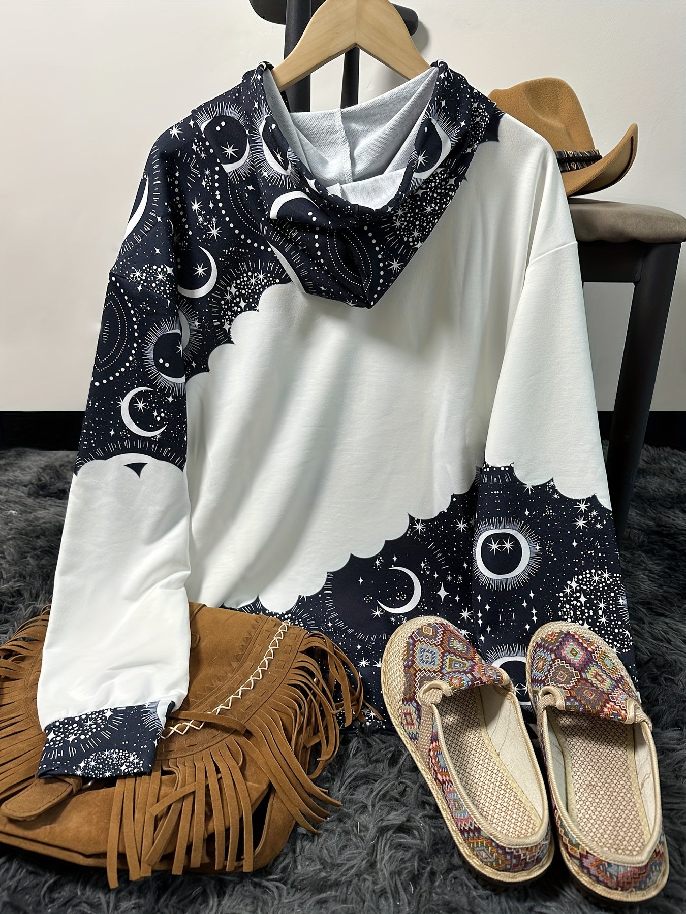Sudadera con capucha celestial estilo boho chic – Sudadera de mujer verde con luna del zodiaco