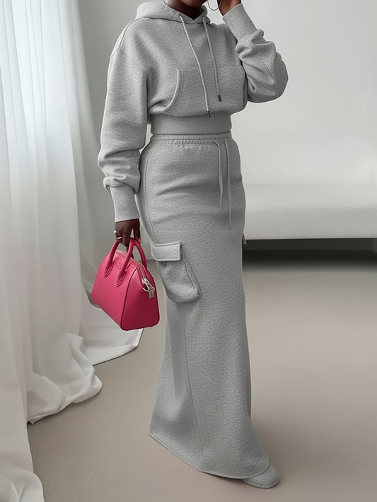 Conjunto de vestido con capucha de 2 piezas – Estilo urbano utilitario largo