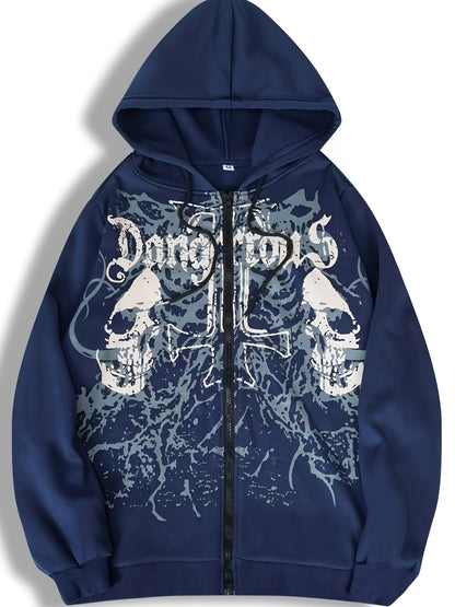 Chaqueta con capucha estampada de calaveras para hombre – Sudadera casual con cremallera para otoño/invierno