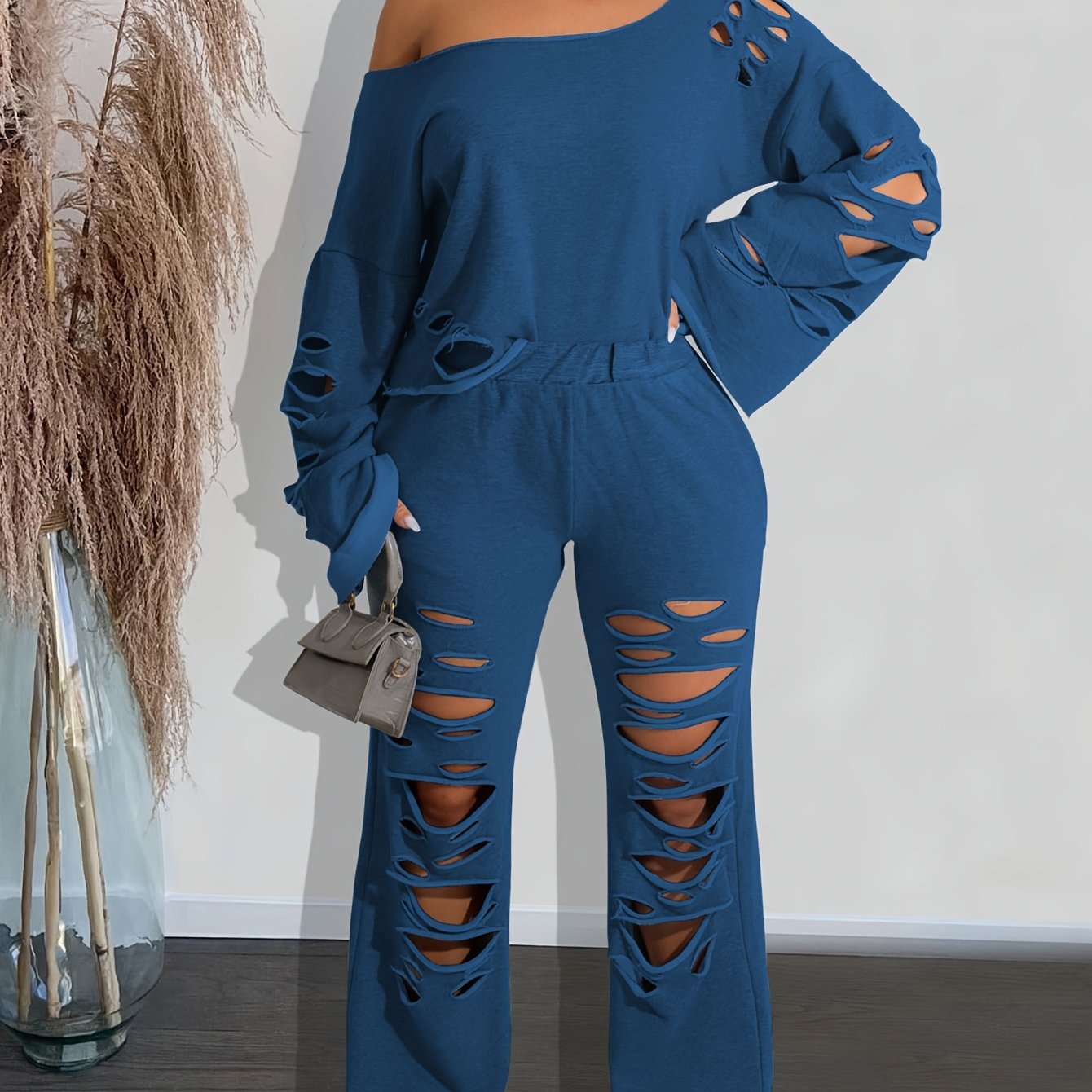Ensemble 2 pièces femme épaules dénudées délavé – Haut manches longues et pantalon déchiré