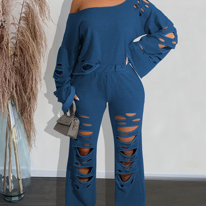 Ensemble 2 pièces femme épaules dénudées délavé – Haut manches longues et pantalon déchiré