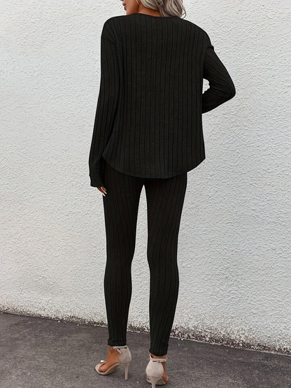 Ribbed Slim Fit Suit – Women’s V-Neck Long Sleeve Top & Pants Set