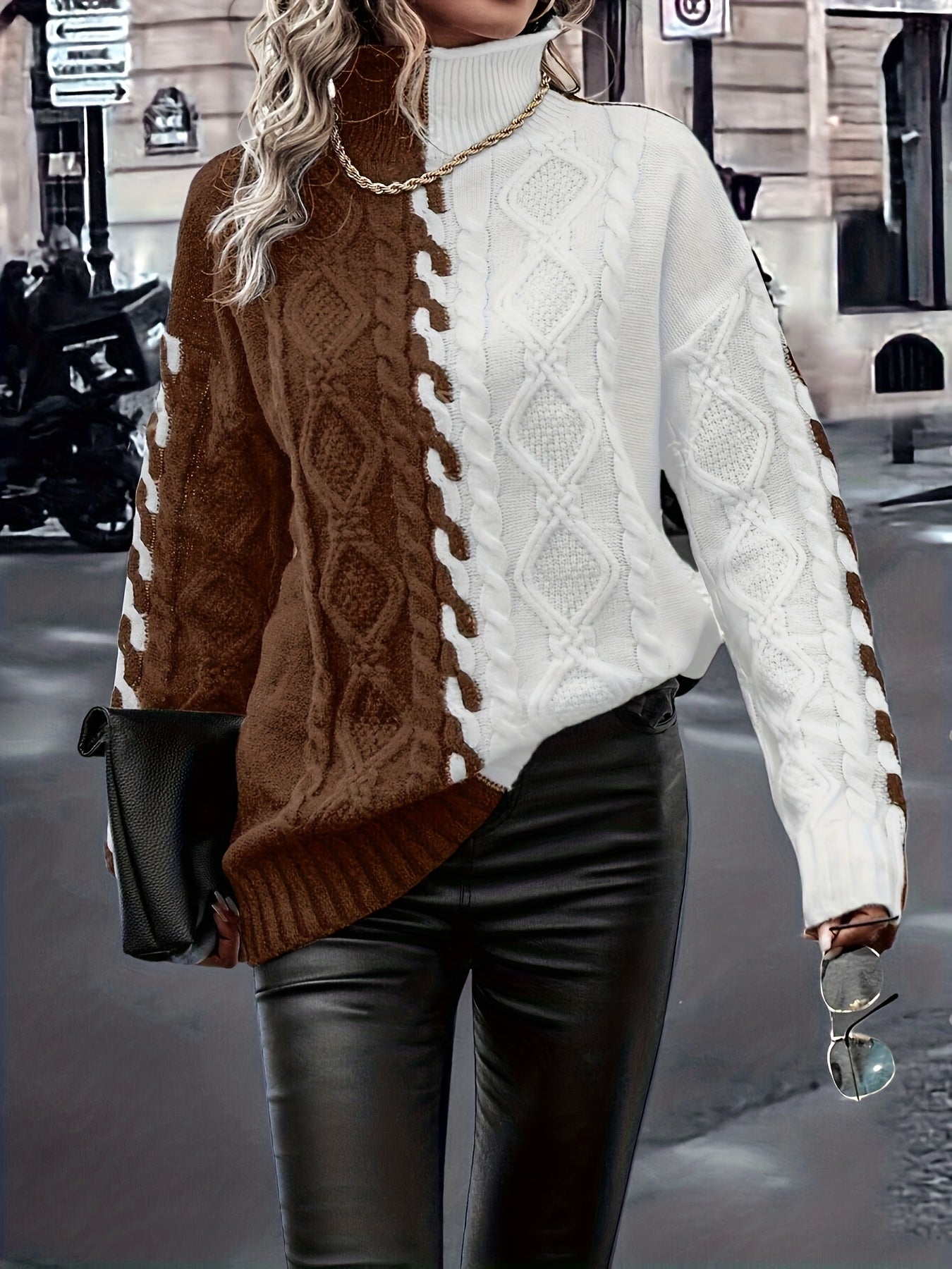 Blusa Elegante de Rayas con Cuello Alto – Top de Manga Larga de Punto Color Block
