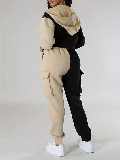 Colorblock Hooded Jacket & Cargo Pants Set – Women’s Zip-Up Two-Piece