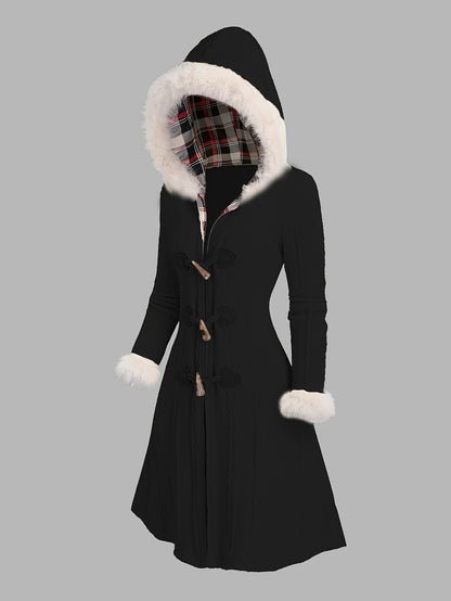 Abrigo con capucha de cuadros Y2K para mujer – Chaqueta larga de invierno con retazos rojos y blancos