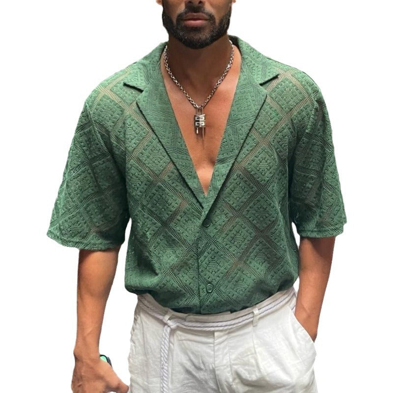 Camisa de Hombre Transpirable con Calados – Top Casual de Manga Corta con Solapa