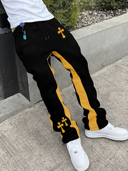 Pantalones Acampanados Negros para Hombre – Pantalones de Calle con Estampado de Cruz y Raya Roja