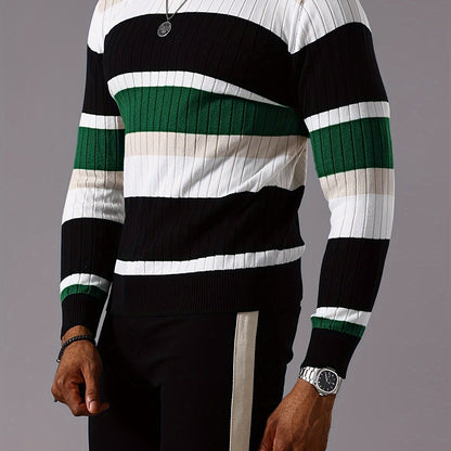 Pull rayé en tricot côtelé pour homme – Pull Color Block Automne Hiver