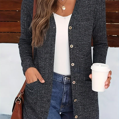Cárdigan elegante con cuello de pico para mujer – Suéter acogedor de otoño con botones