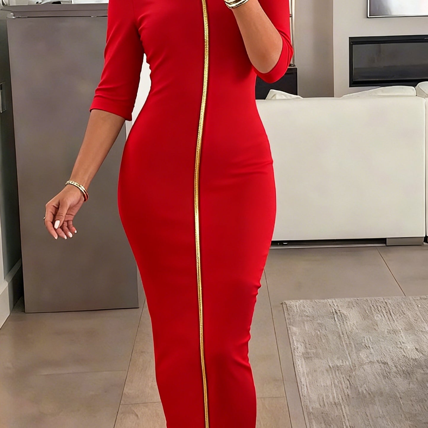 Vestido midi ajustado con cuello barco – Vestido elegante de manga corta con corte entallado