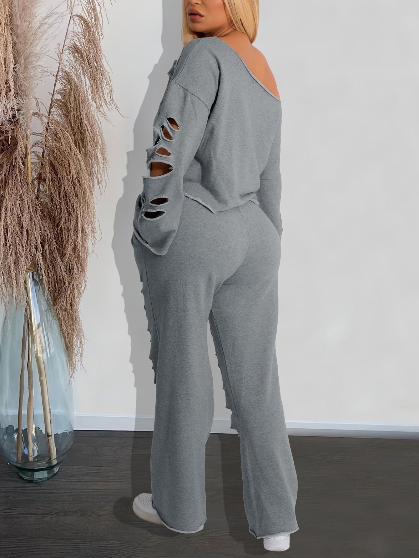 Ensemble 2 pièces femme épaules dénudées délavé – Haut manches longues et pantalon déchiré