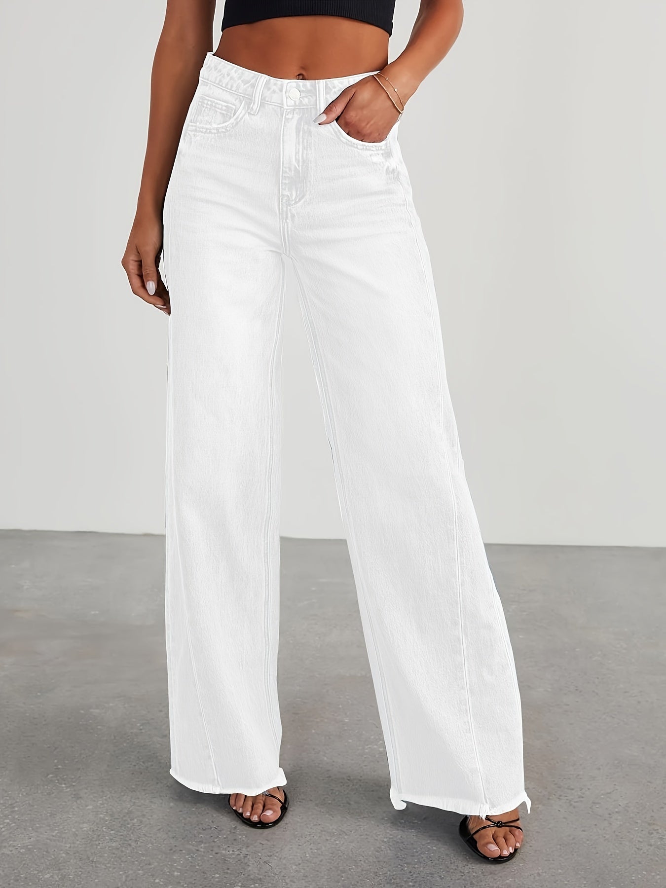 Pantalones vaqueros de mujer de talle alto y pernera ancha – Vaqueros elásticos informales holgados