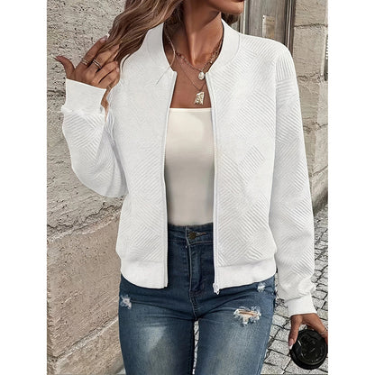 Chaqueta bomber texturizada de Loom & Soul para mujer – Abrigo de moda de otoño con cuello alto y cremallera | Ropa de abrigo informal, ligera y elegante
