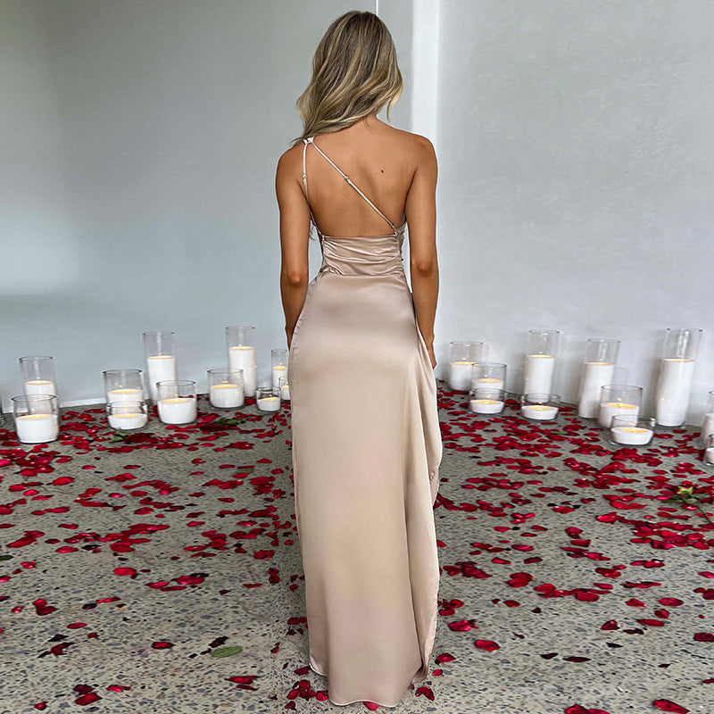 Vestido con abertura de un solo hombro de satén Loom & Soul™ – Vestido de fiesta de verano elegante sin espalda para mujer