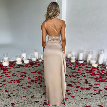 Vestido con abertura de un solo hombro de satén Loom & Soul™ – Vestido de fiesta de verano elegante sin espalda para mujer
