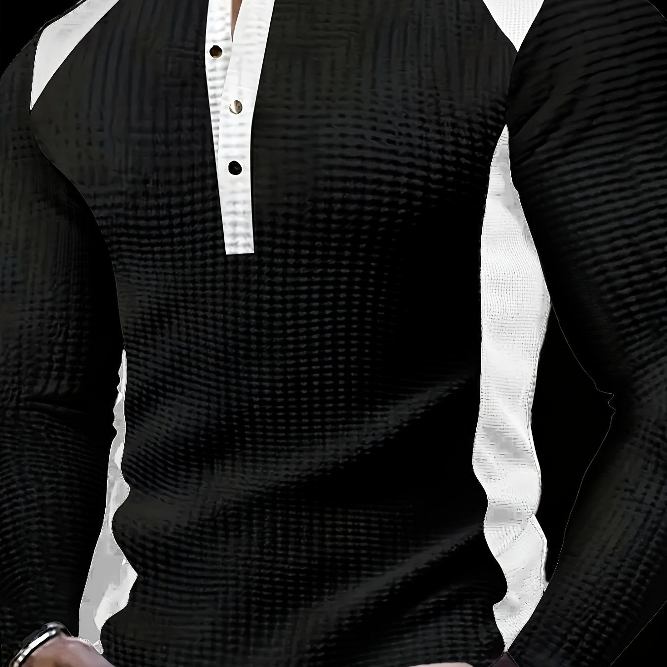 Chemise Henley gaufrée pour homme – Haut boutonnée toutes saisons blanc et noir