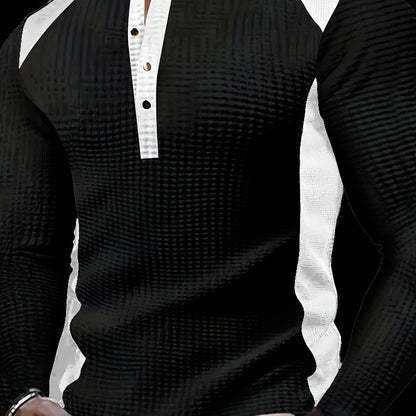 Chemise Henley gaufrée pour homme – Haut boutonnée toutes saisons blanc et noir