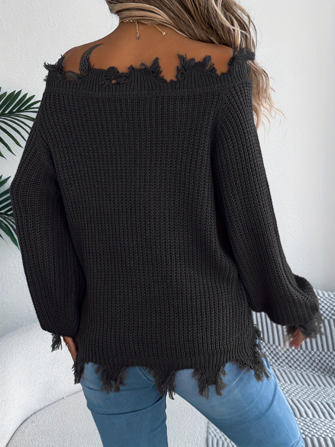 Suéter de punto sin hombros para mujer – Sudadera de punto elegante para otoño/invierno