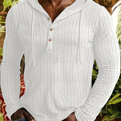 Camisa Henley con capucha para hombre – Sudadera texturizada informal de manga larga con cordón