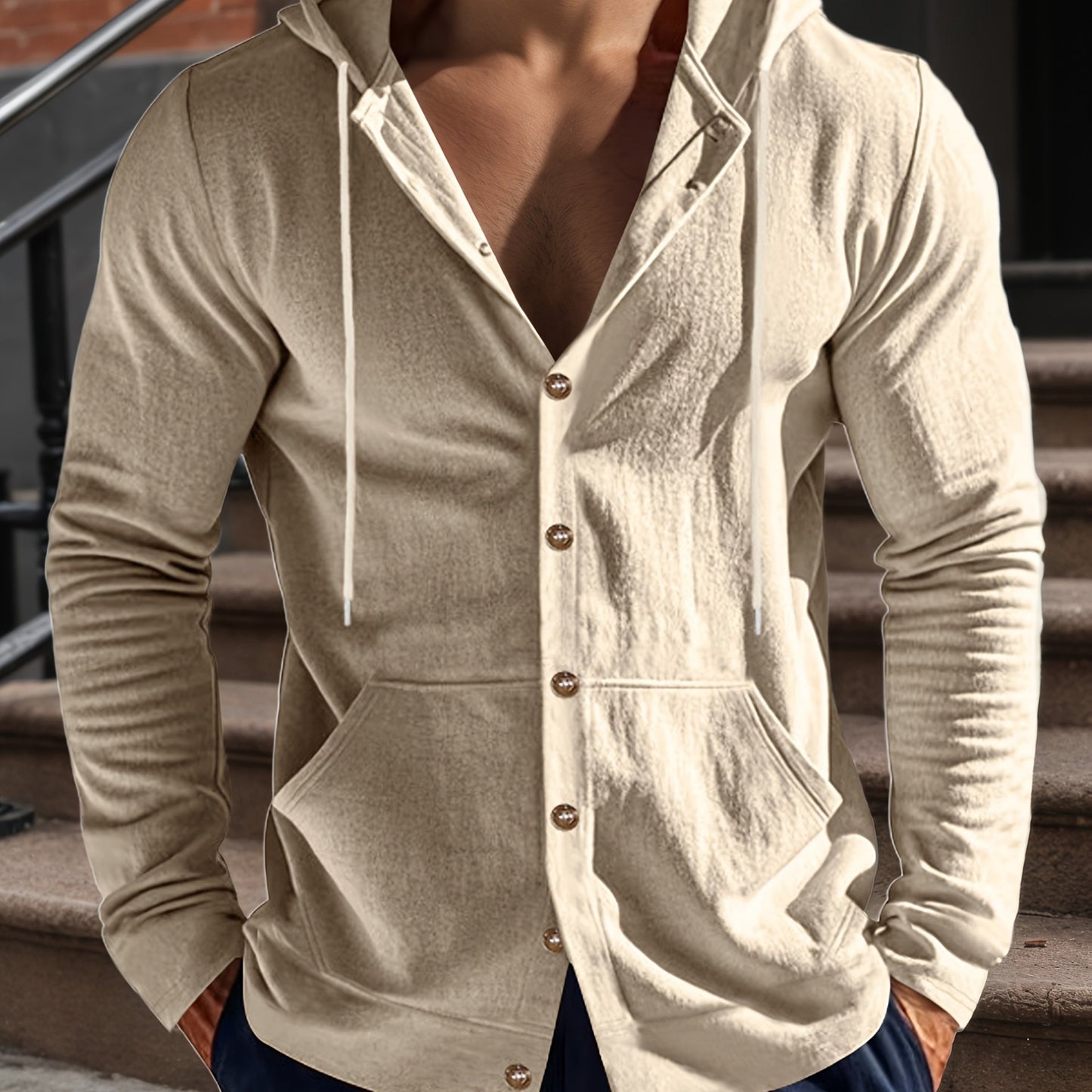 Chemise à Capuche à Manches Longues en Lin pour Homme – Décontractée Boutonnée avec Poche