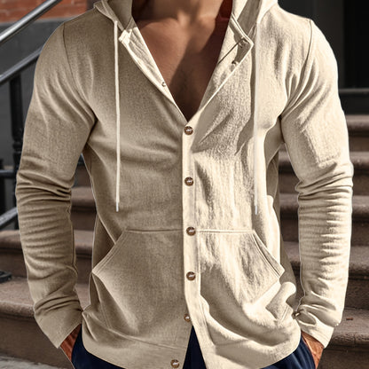 Chemise à Capuche à Manches Longues en Lin pour Homme – Décontractée Boutonnée avec Poche