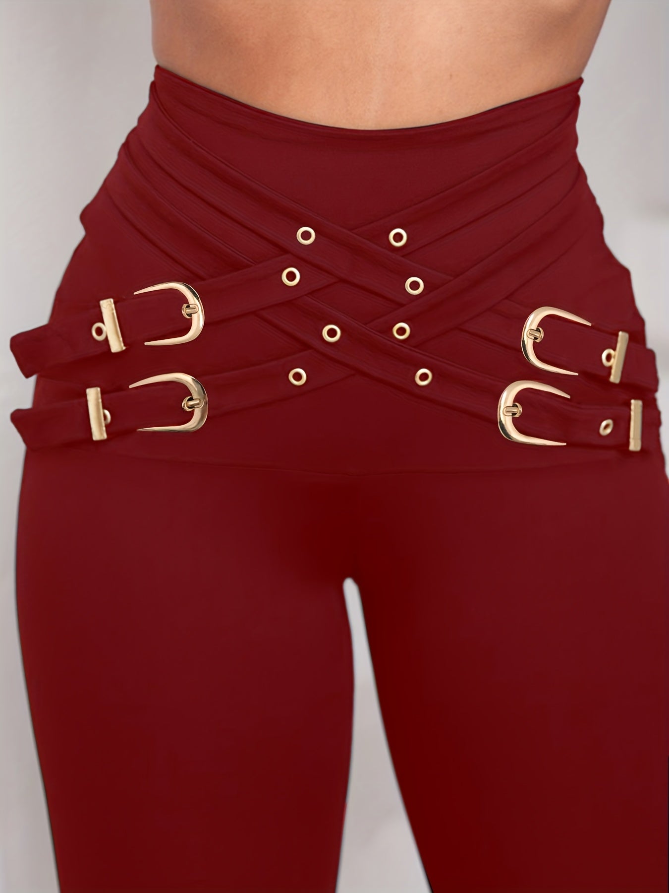 Pantalones de mujer de cintura alta con hebilla cruzada – Leggings elásticos de ajuste escultural