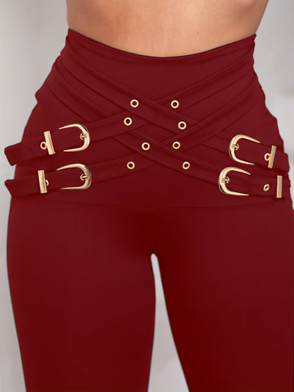 Pantalones de mujer de cintura alta con hebilla cruzada – Leggings elásticos de ajuste escultural