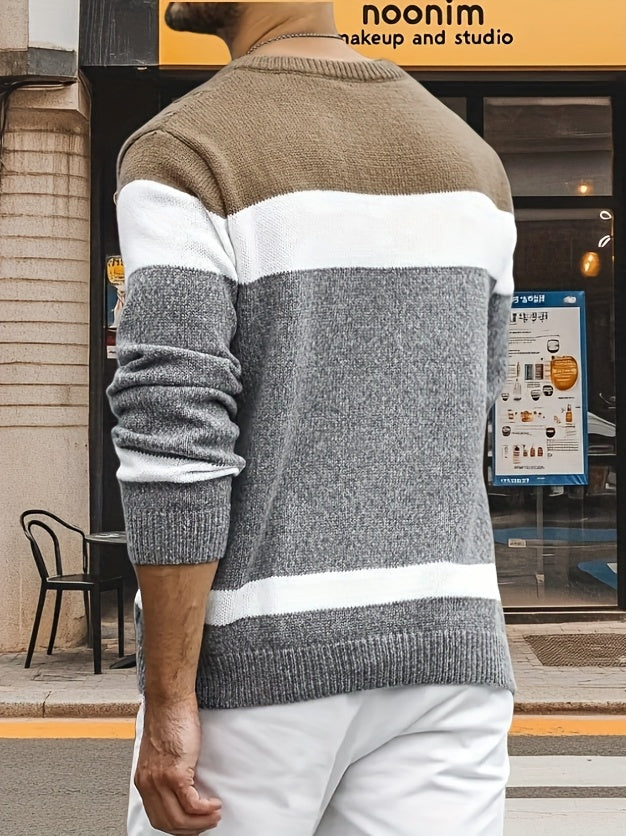 Suéter de punto trenzado color block para hombre – Suéter suave de cuello redondo