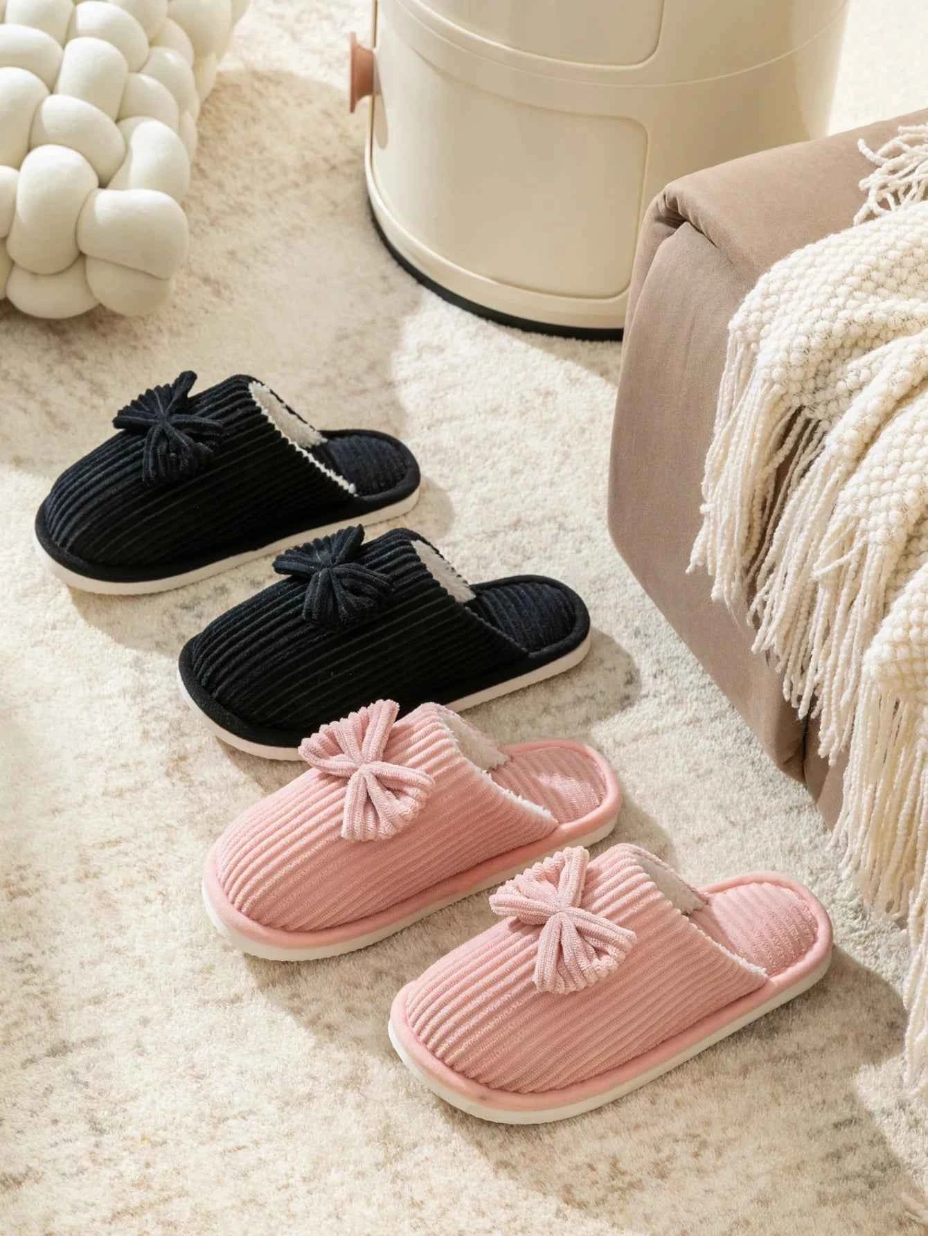 Bow Plush Home Slippers – Cozy Soft Comfort Slides