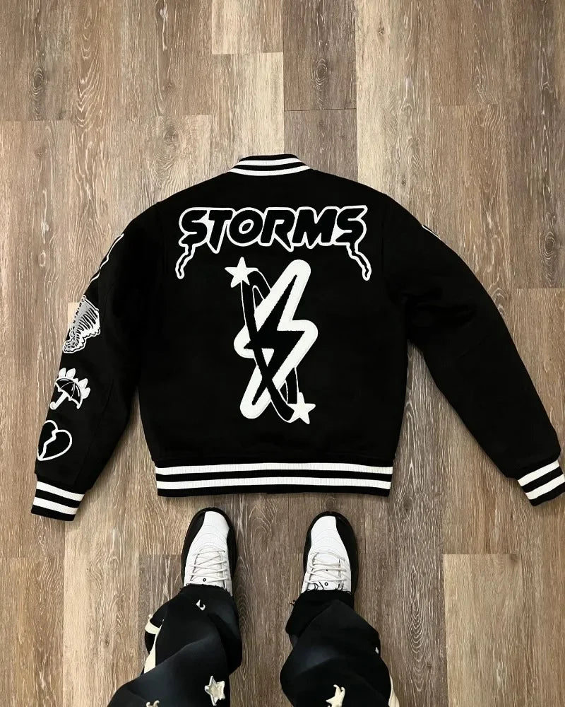 Chaqueta bordada gótica Y2K Loom & Soul – Abrigo de moto hip-hop oversized