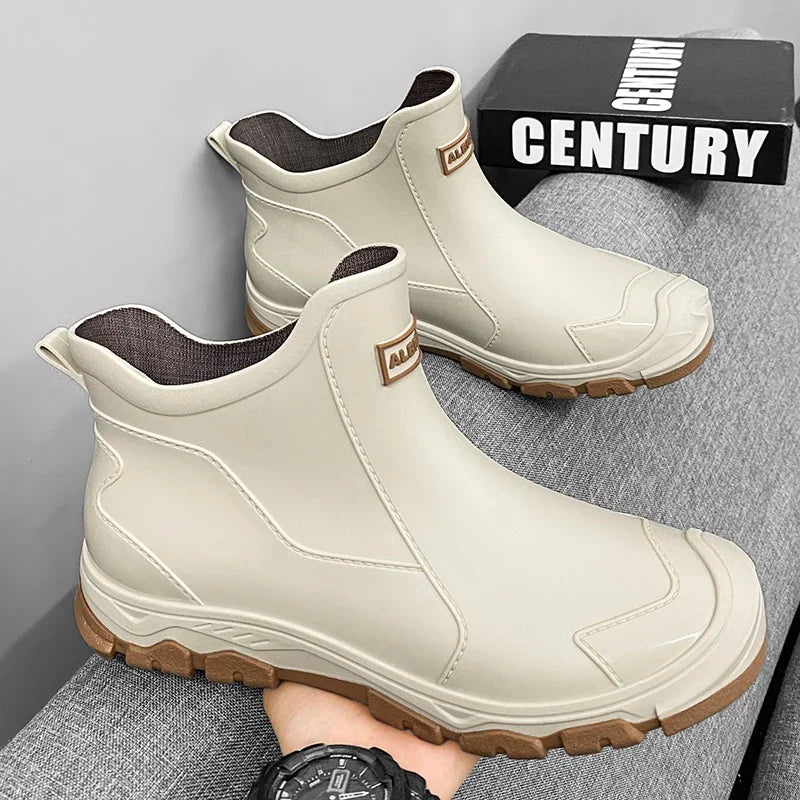 Botas de lluvia impermeables de PVC para hombre – Zapatos de trabajo antideslizantes para exteriores, estilo botín sin cordones
