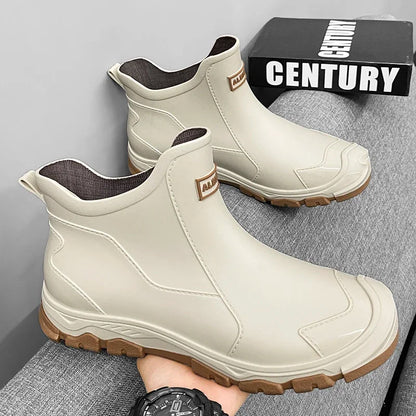 Botas de lluvia impermeables de PVC para hombre – Zapatos de trabajo antideslizantes para exteriores, estilo botín sin cordones