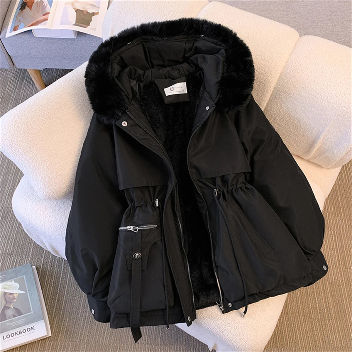 Parka con capucha para mujer Loom & Soul – Chaqueta de invierno coreana acolchada con cordón ajustable