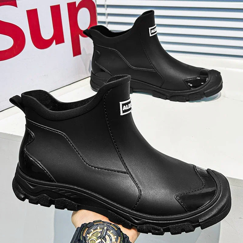 Botas de lluvia impermeables de PVC para hombre – Zapatos de trabajo antideslizantes para exteriores, estilo botín sin cordones