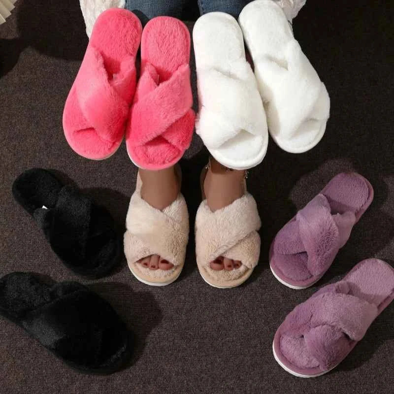 Cross Strap Faux Fur Slippers – Cozy Plush Home Comfort