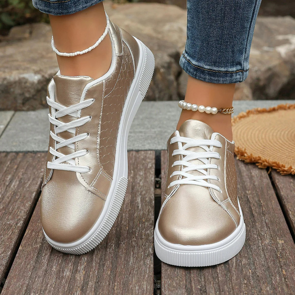 Baskets Loom & Soul Femme Or et Argent en PU – Confort Mode Grande Taille