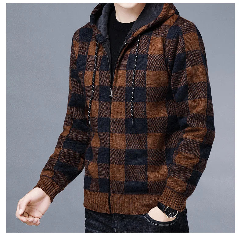 Veste en polaire tricotée à carreaux Loom & Soul pour homme – Cardigan d'hiver de luxe à capuche
