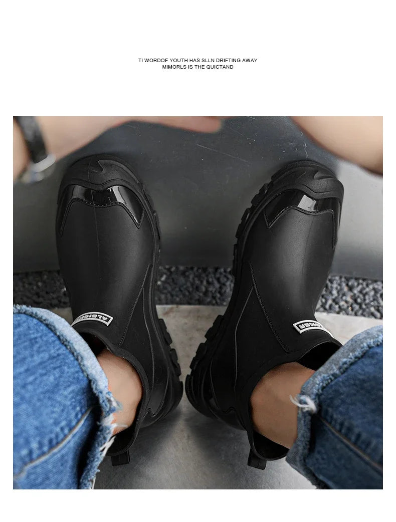 Botas de lluvia impermeables de PVC para hombre – Zapatos de trabajo antideslizantes para exteriores, estilo botín sin cordones