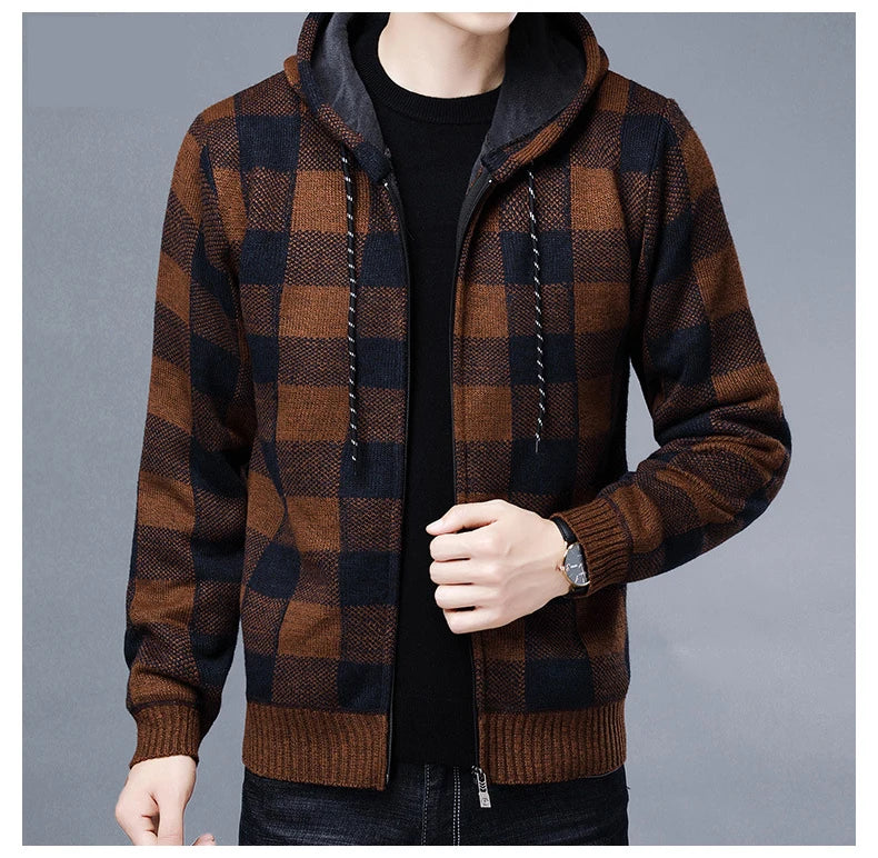 Veste en polaire tricotée à carreaux Loom & Soul pour homme – Cardigan d'hiver de luxe à capuche