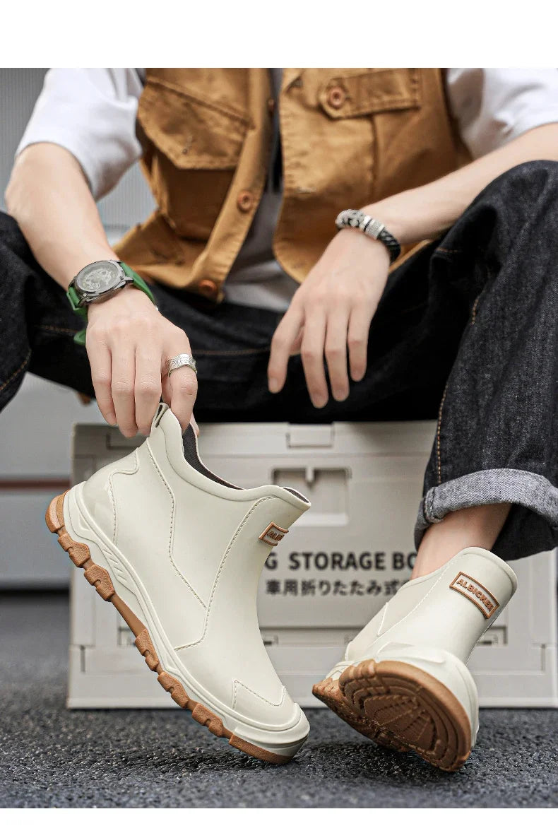 Botas de lluvia impermeables de PVC para hombre – Zapatos de trabajo antideslizantes para exteriores, estilo botín sin cordones
