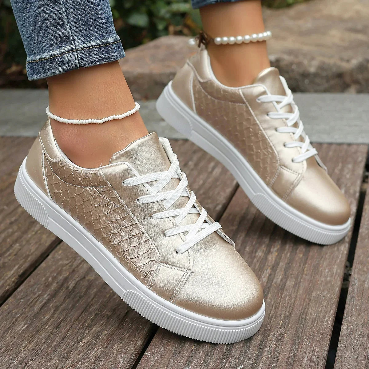 Baskets Loom & Soul Femme Or et Argent en PU – Confort Mode Grande Taille