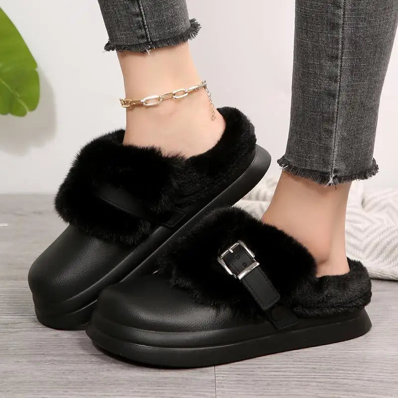 Women’s Waterproof Platform Fur Clogs – Cozy Winter Slip-On