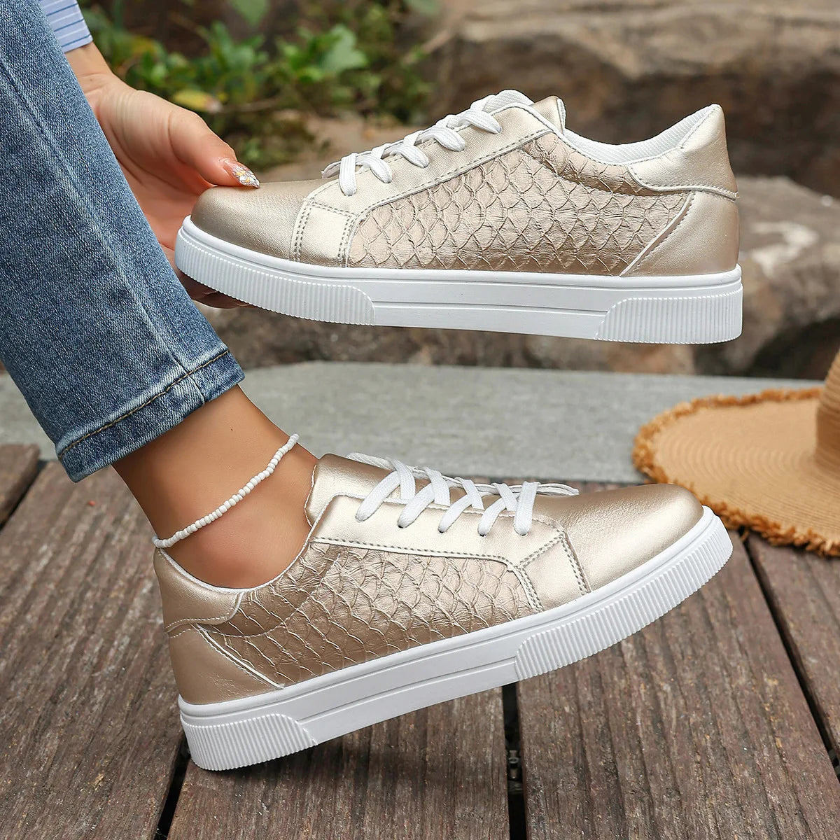 Baskets Loom & Soul Femme Or et Argent en PU – Confort Mode Grande Taille