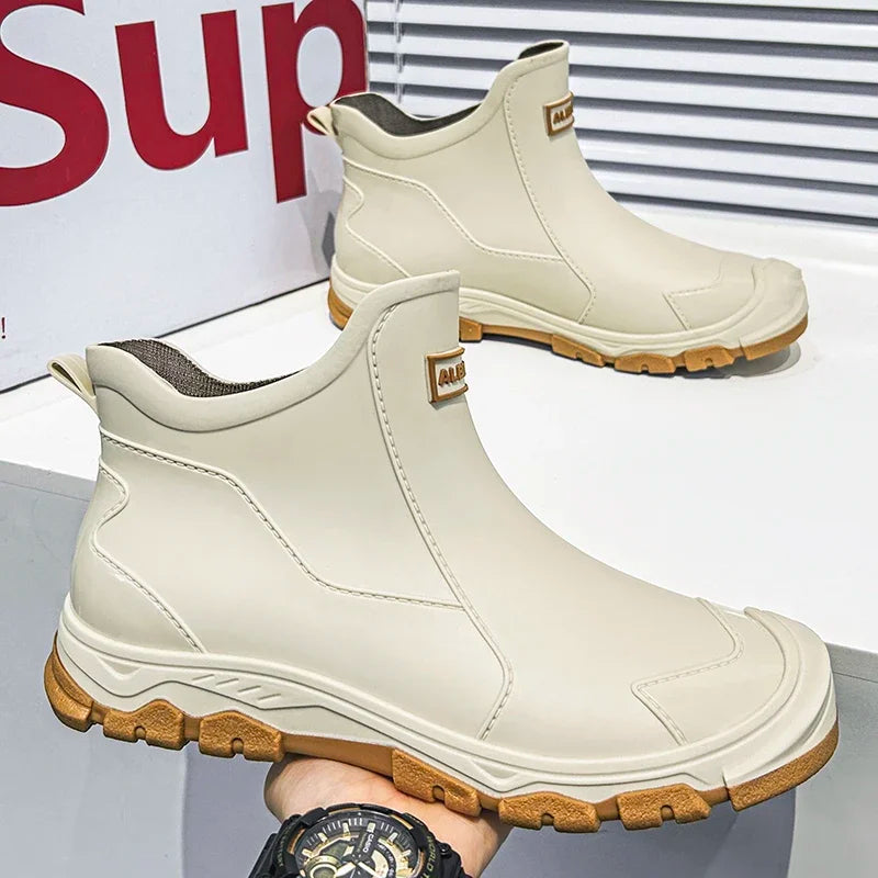 Botas de lluvia impermeables de PVC para hombre – Zapatos de trabajo antideslizantes para exteriores, estilo botín sin cordones