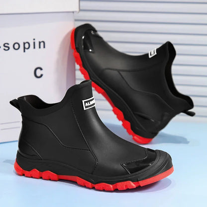 Botas de lluvia impermeables de PVC para hombre – Zapatos de trabajo antideslizantes para exteriores, estilo botín sin cordones