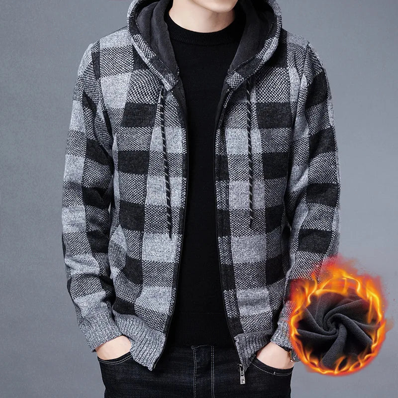 Veste en polaire tricotée à carreaux Loom & Soul pour homme – Cardigan d'hiver de luxe à capuche