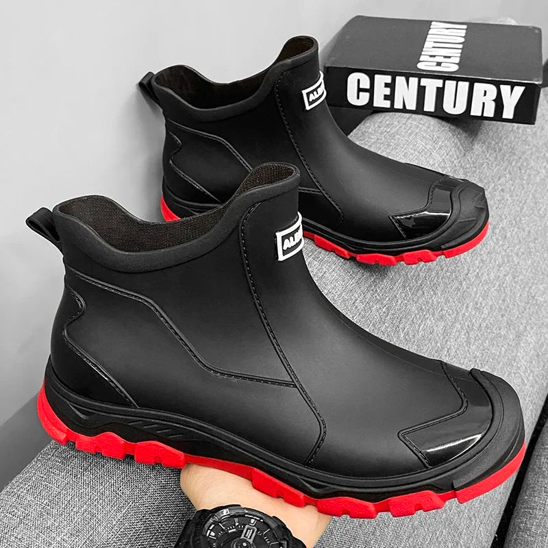 Botas de lluvia impermeables de PVC para hombre – Zapatos de trabajo antideslizantes para exteriores, estilo botín sin cordones