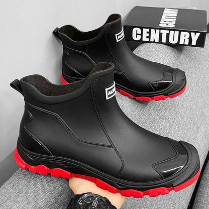 Botas de lluvia impermeables de PVC para hombre – Zapatos de trabajo antideslizantes para exteriores, estilo botín sin cordones