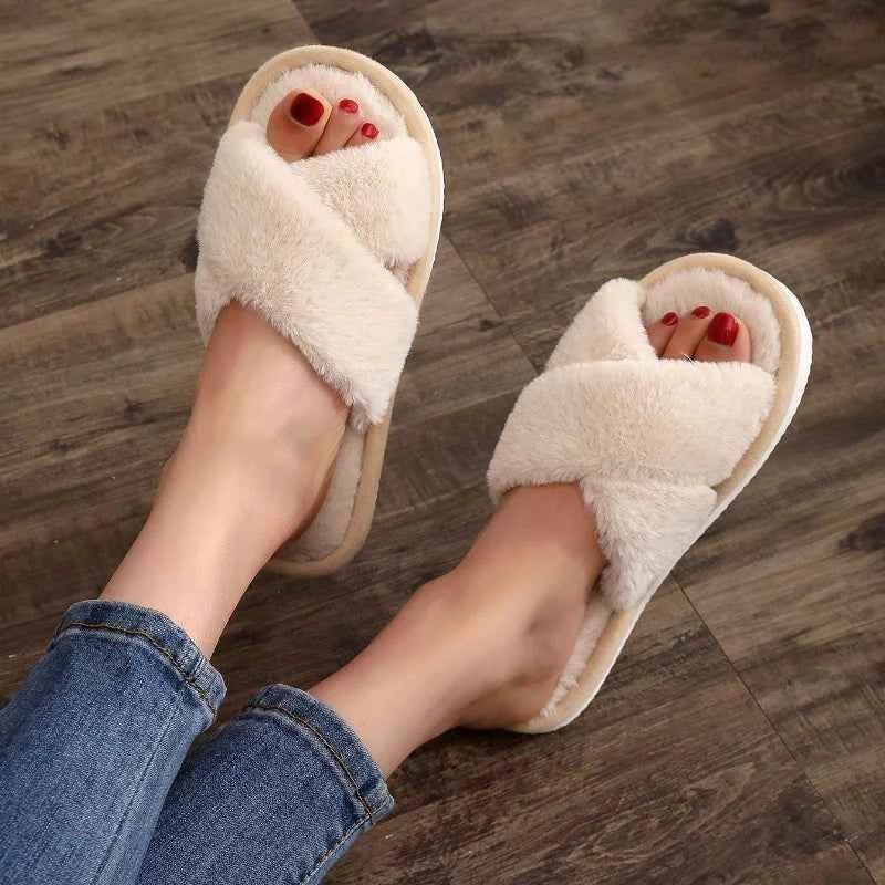 Cross Strap Faux Fur Slippers – Cozy Plush Home Comfort